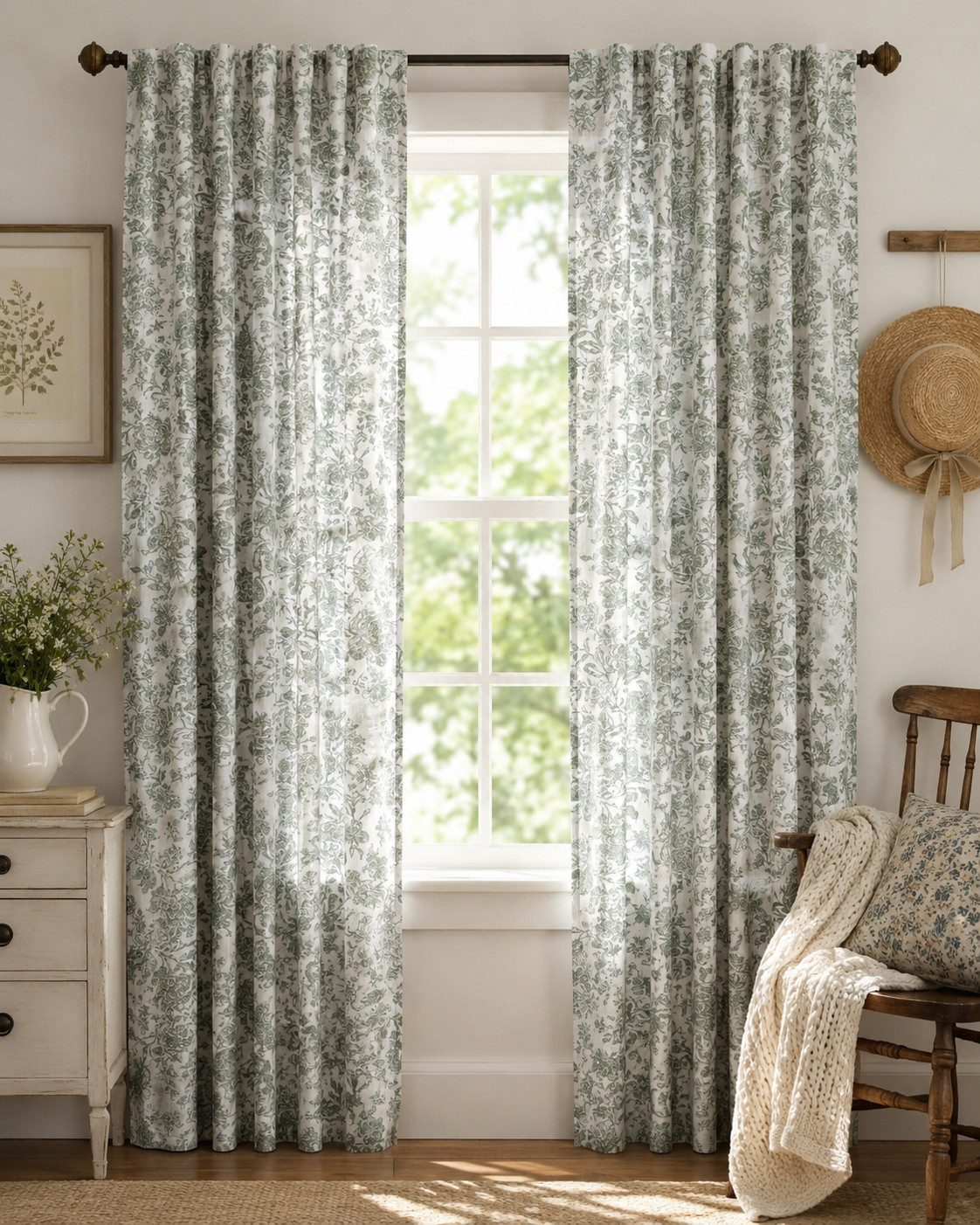 Indigo Set of 4 Curtain Panels 37×84 Green Floral White Cotton Blend