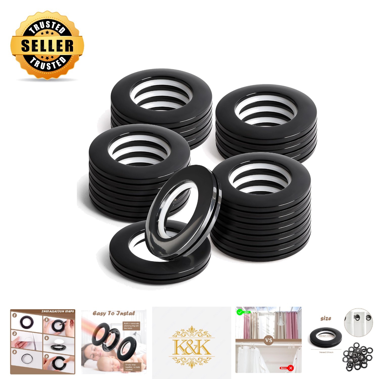 Stylish 16PCS Black Plastic Curtain Grommets – 1-9/16 inch for Home Decor