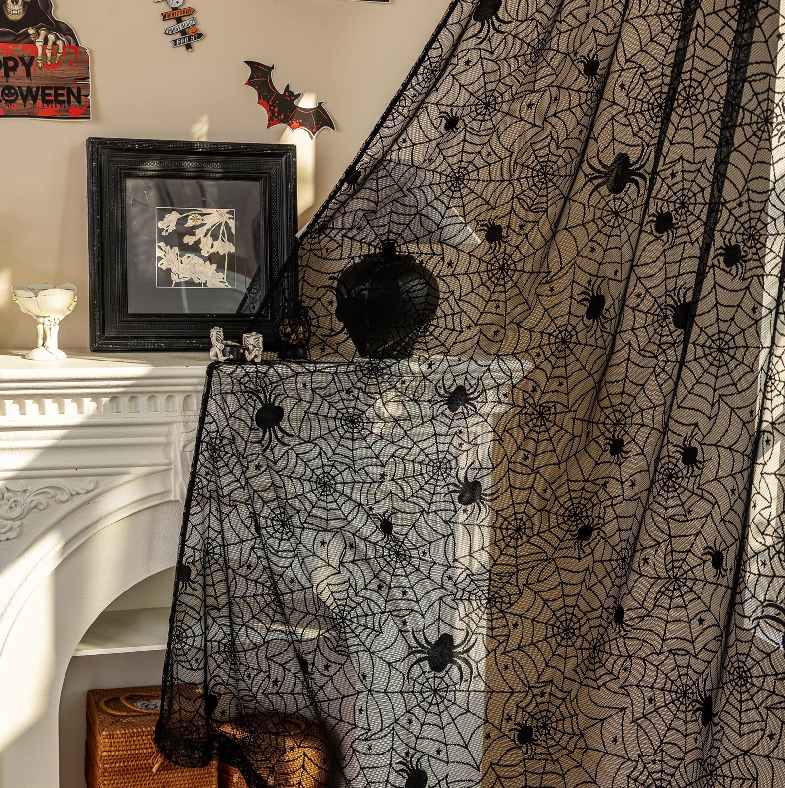 2 Panels 55×63 Inch Black Lace Halloween Curtains Goth Spider Web Decor
