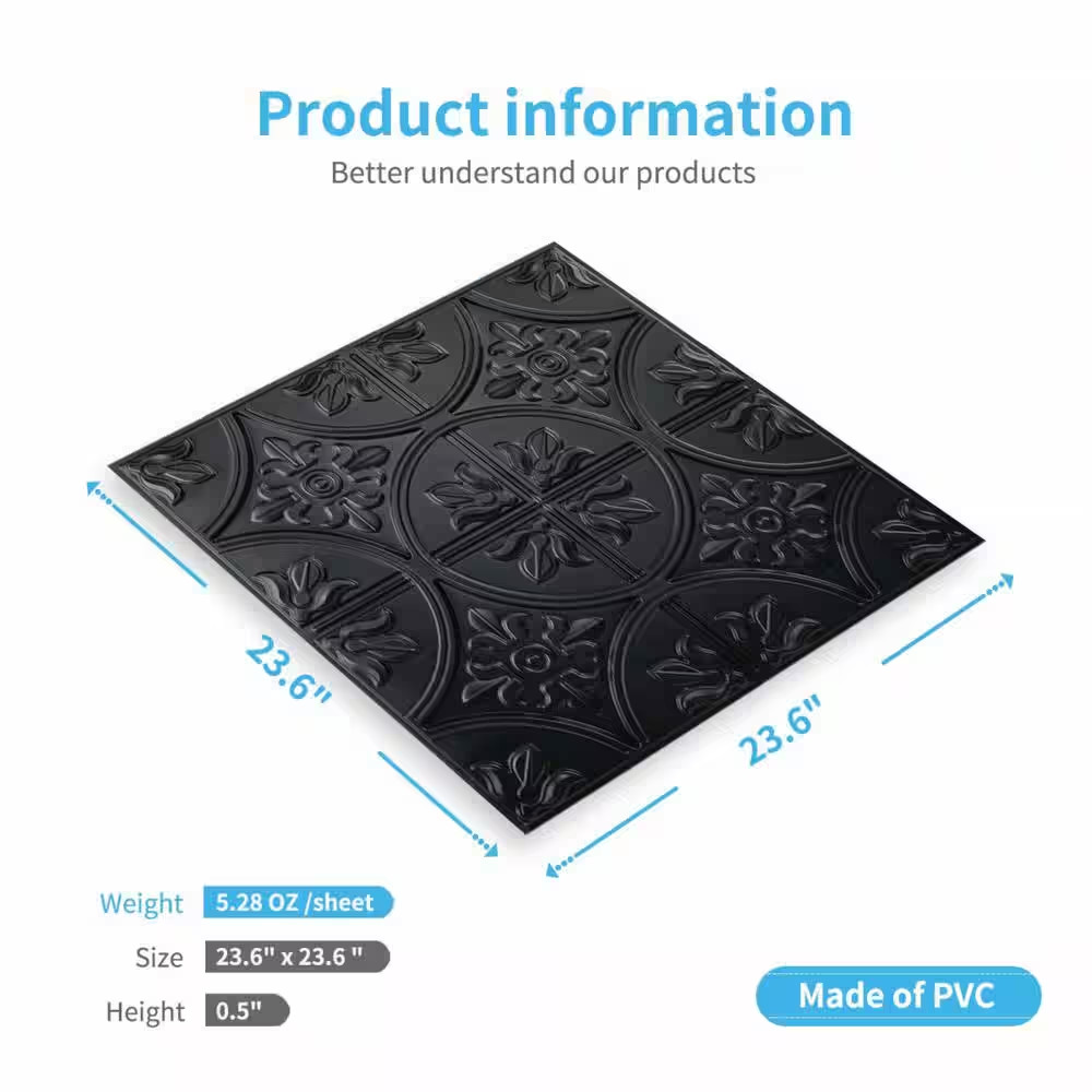 Floral Design Black 2 Ft. X 2 Ft. Decorative Ceiling Wall Panel Lay in Glue Ceil