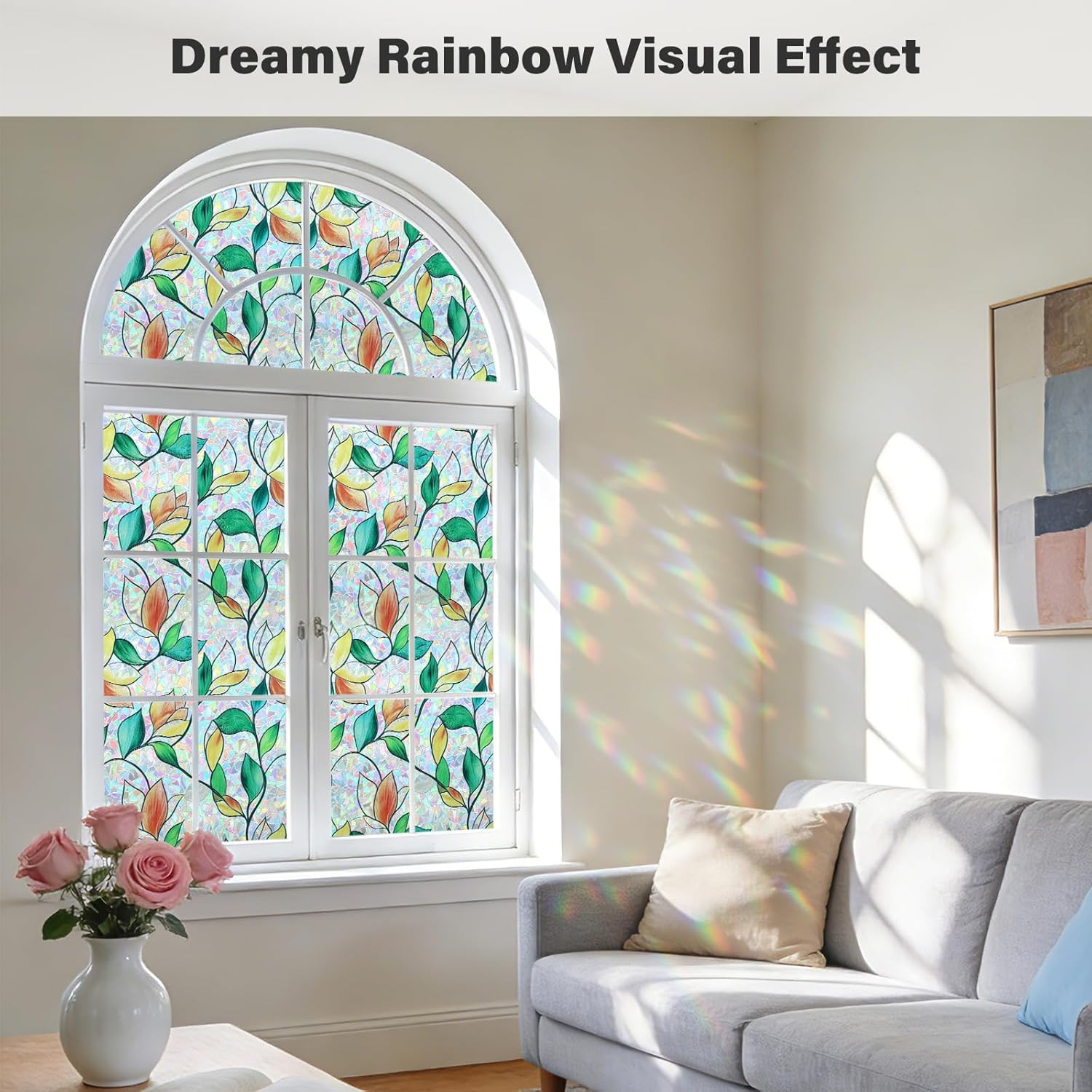 Window Privacy Film, Rainbow Stained Glass Window Film, Non-Adhesive Privacy Cov