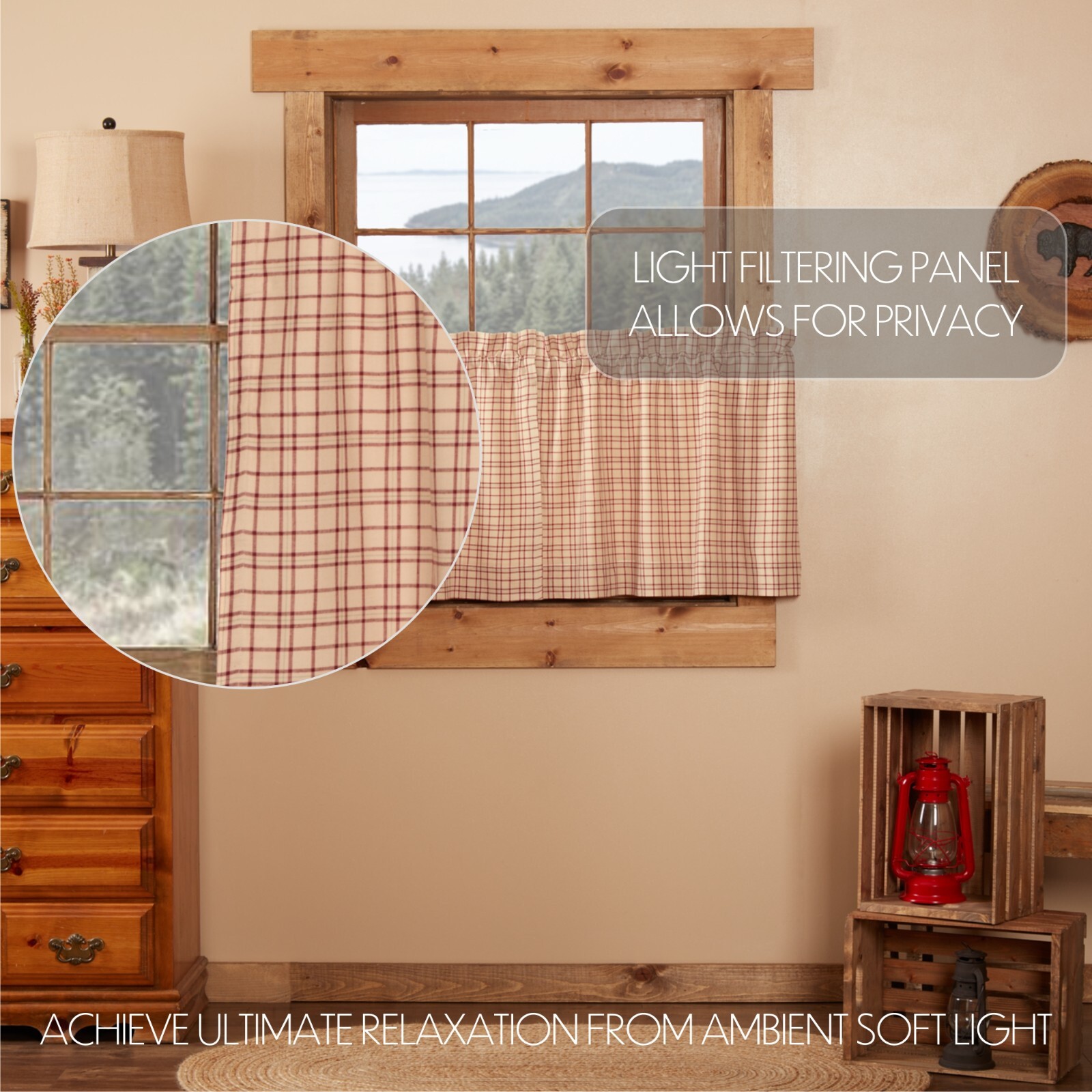 Tacoma Tier Set 24″ Long Country Primitive Cafe’ Creme Barn Red Evergreen Plaid