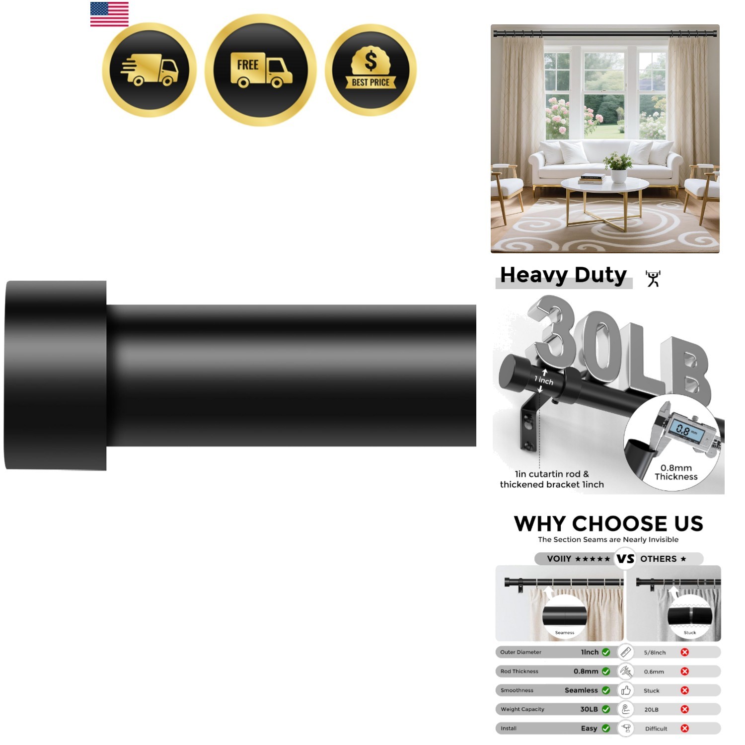 Curtain Rods for Windows 48 to 84 Inch4-7 Feet,Black 1” Diameter Drapery Rod…