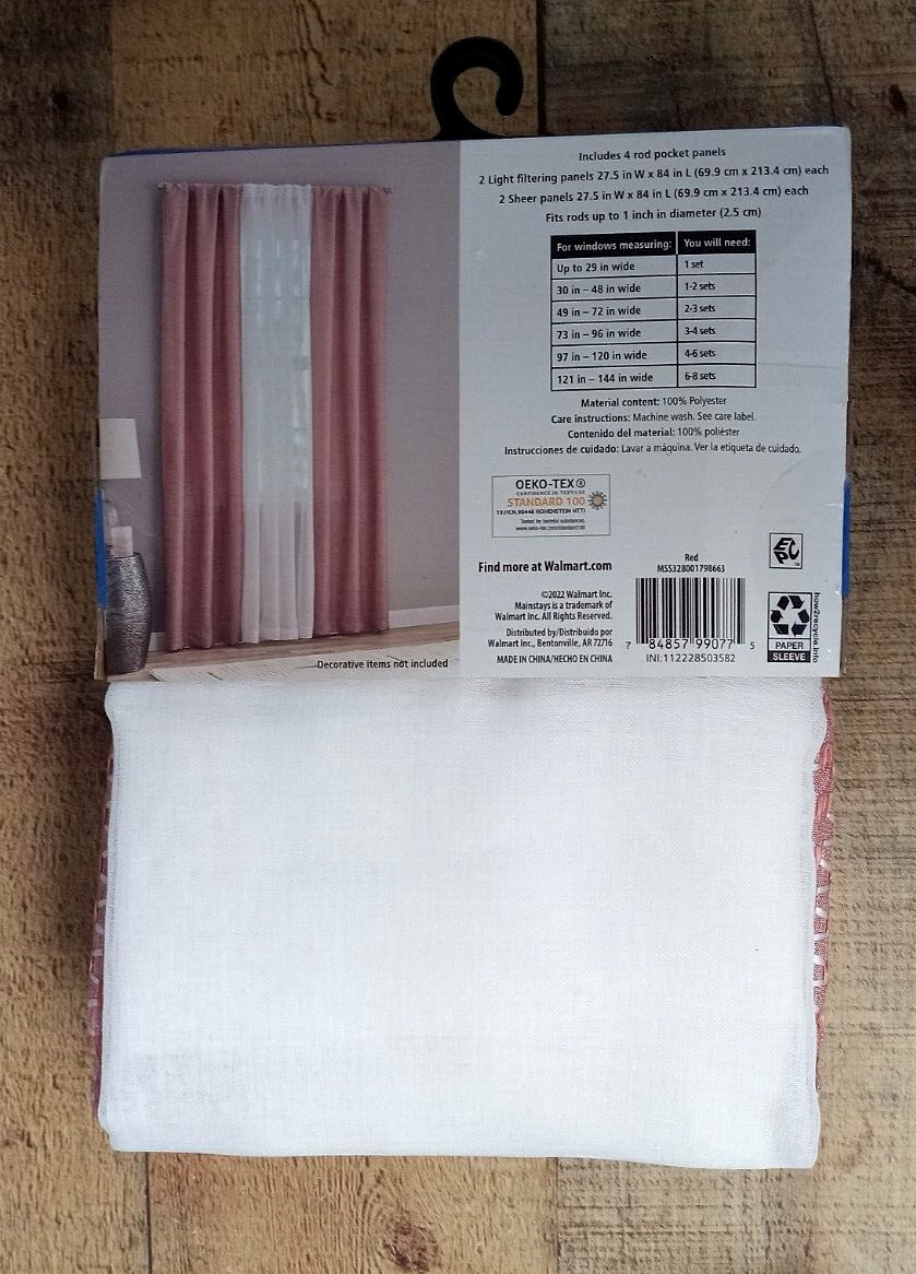 Mainstays 4 Piece Wave Jacquard Curtain Panel Set, 27.5″ x 84″ Each Panels, Red