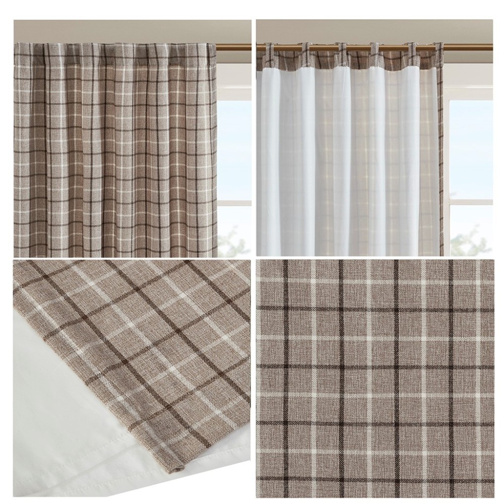 Plaid Rod Pocket and Back Tab Curtain Panel with Fleece Lining Brown 50×95″