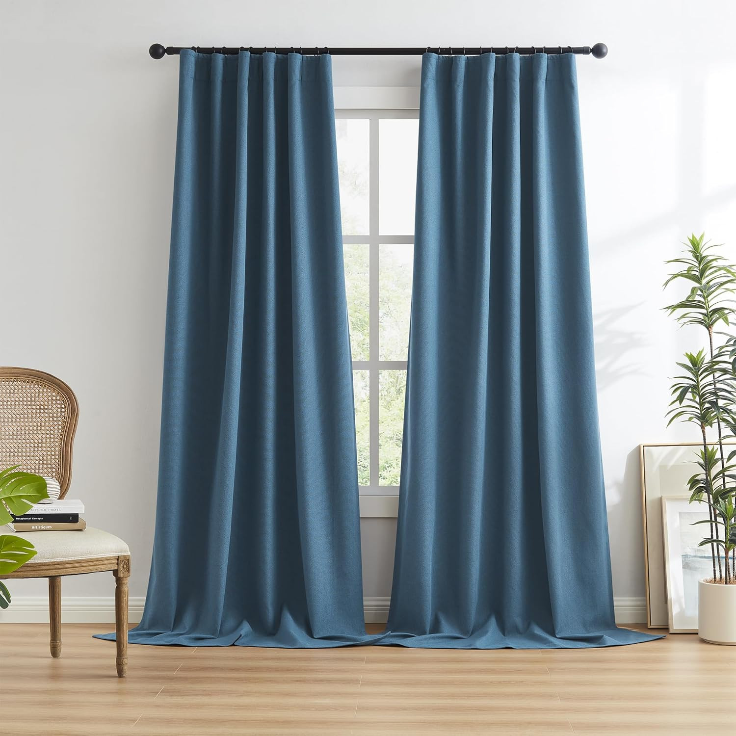Blue Denim Back Tab Pleated Full Blackout Curtains 102″ Long, 2 Panels Set