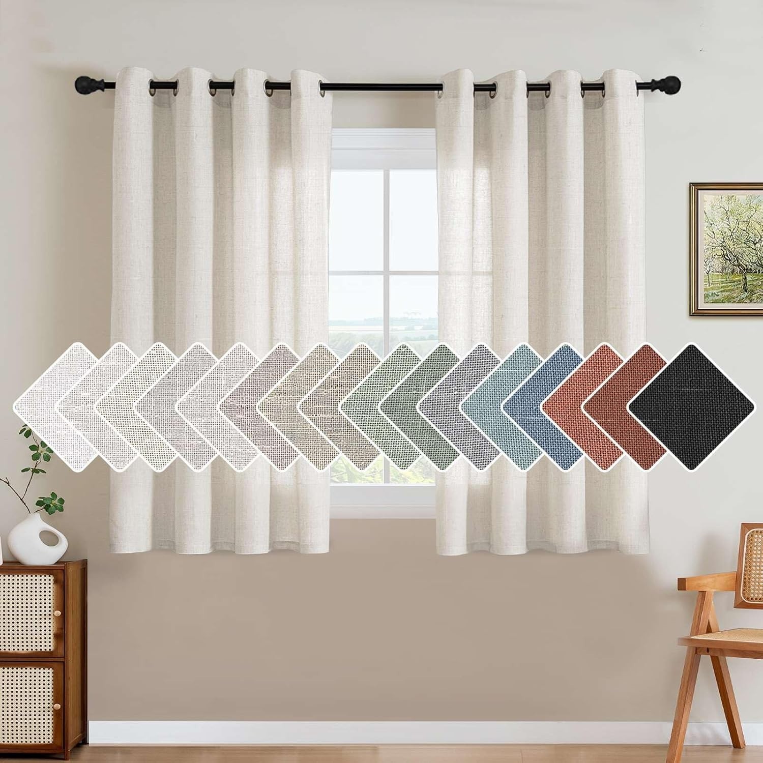 Elegant Natural Linen Curtains, Energy Efficient (Set of 2, 52″W x 45″L )
