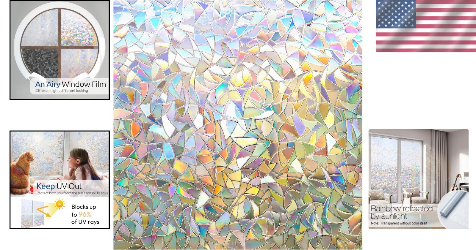 No-Glue Decorative Window Film – 17.5 x 78.7in Rainbow Pattern Static Cling Tint
