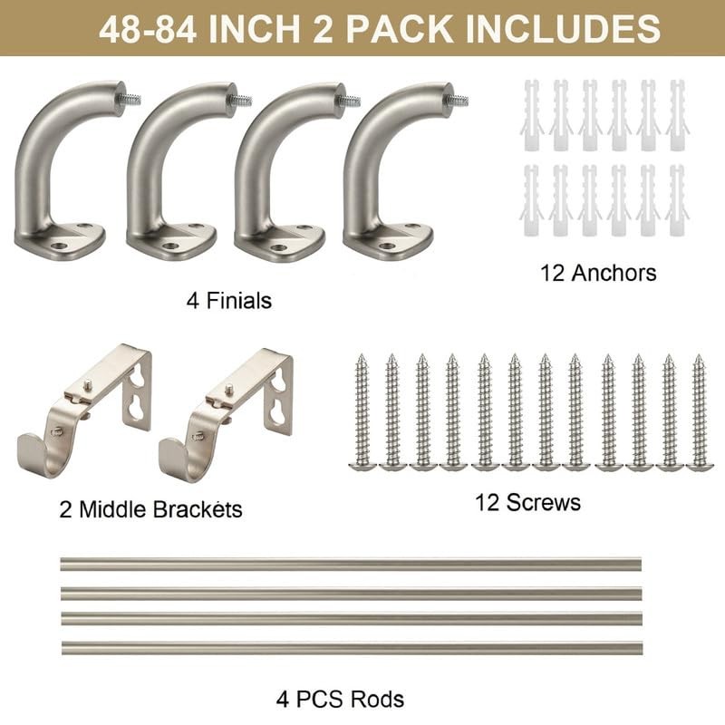 Yun Nephele Brushed Nickel 2 Pack Curtain Rods 48-84 Wrap Around Room Darkening