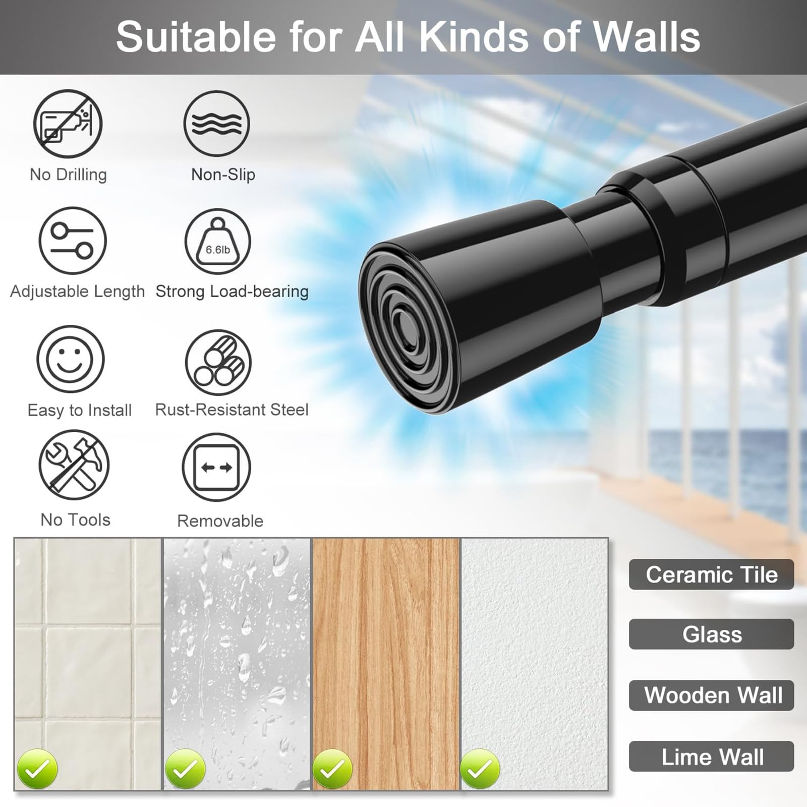 2 Pack Tension Rods Spring Tension Curtain Rod, 26 to 39 Inch Adjustable Blac…