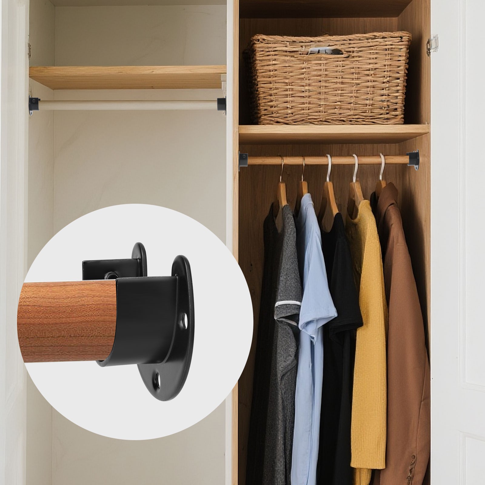6PCS U Shape Closet Rod Bracket Set – Black Pole Holder with Screws for Wardrobe