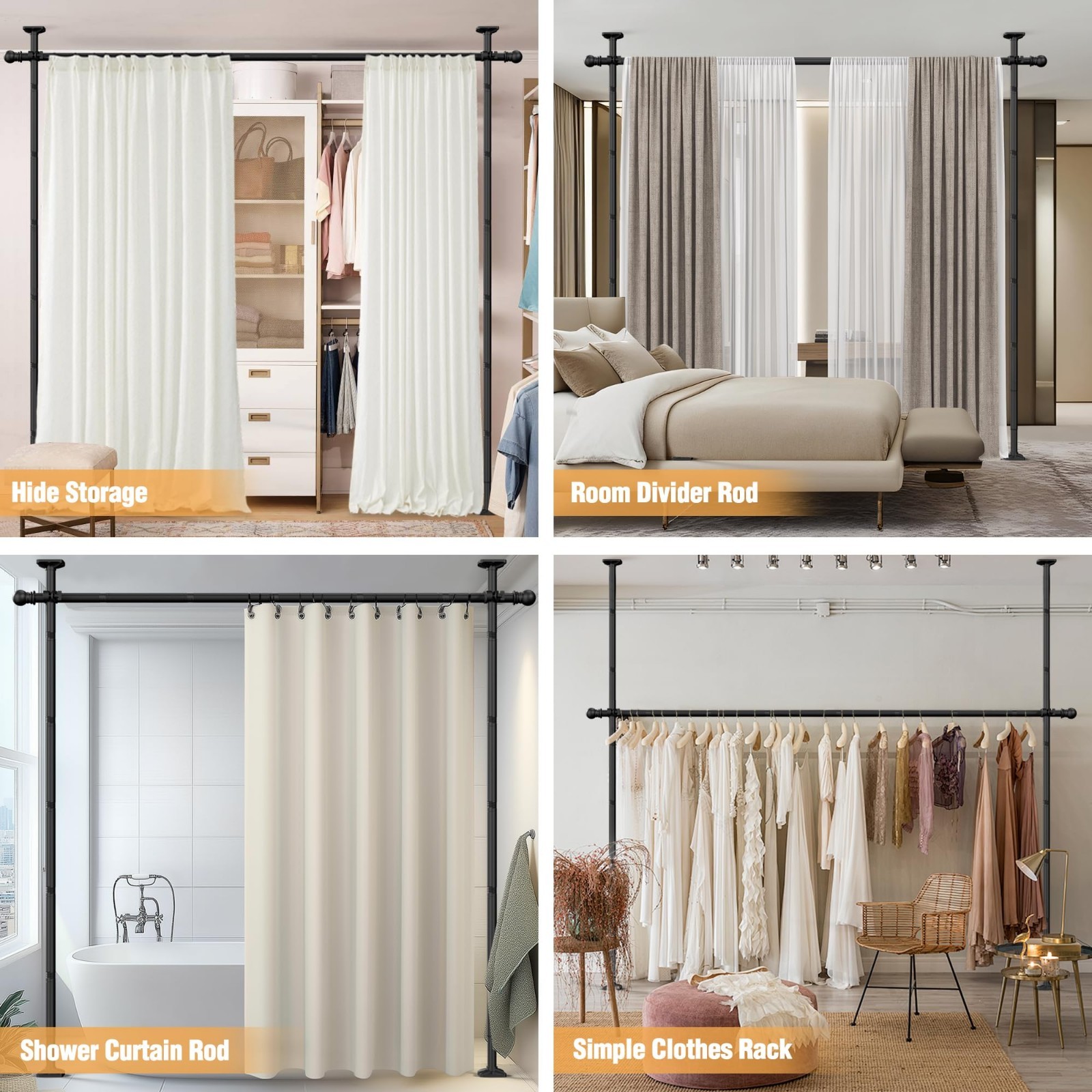 Adjustable Room Divider Curtain Rod – No Drill Privacy Separator, 4-11ft Height,