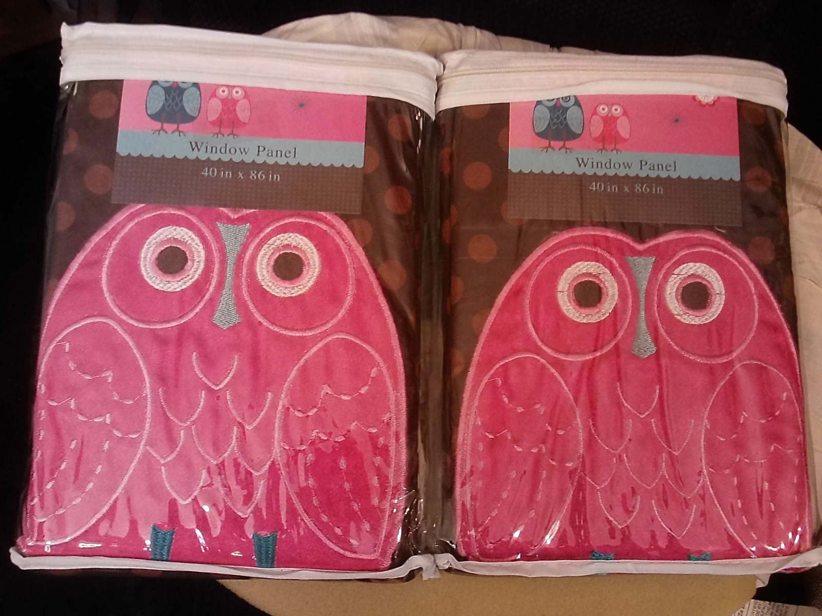 2 WINDOW PANELS~CHOCOLATE BROWN W/LIGHT BROWN POLKA DOTS~PINK OWL~NEW~40 X 86
