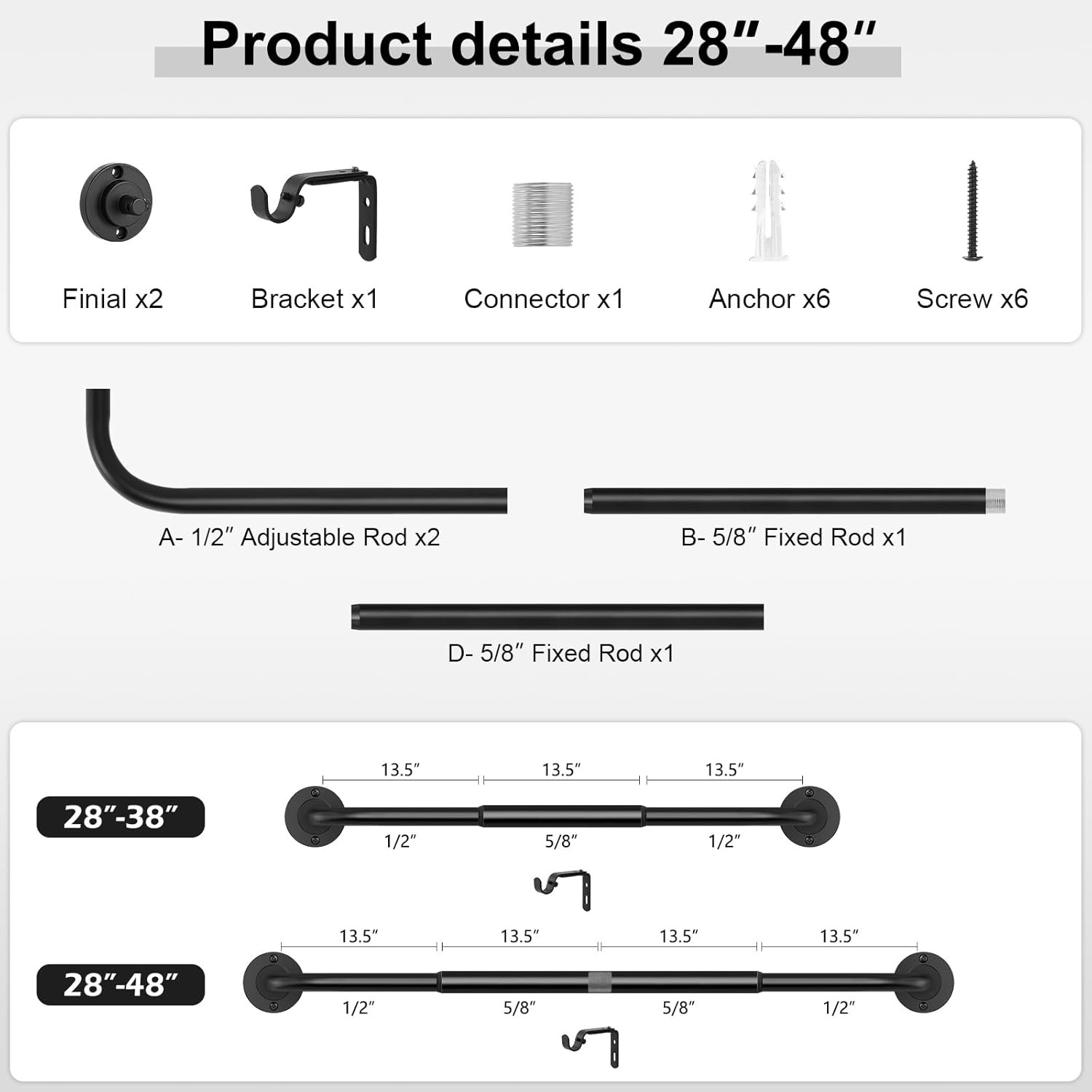 Adjustable Black Curtain Rod 28–48 Inch Wrap Around Metal Room Darkening Rod