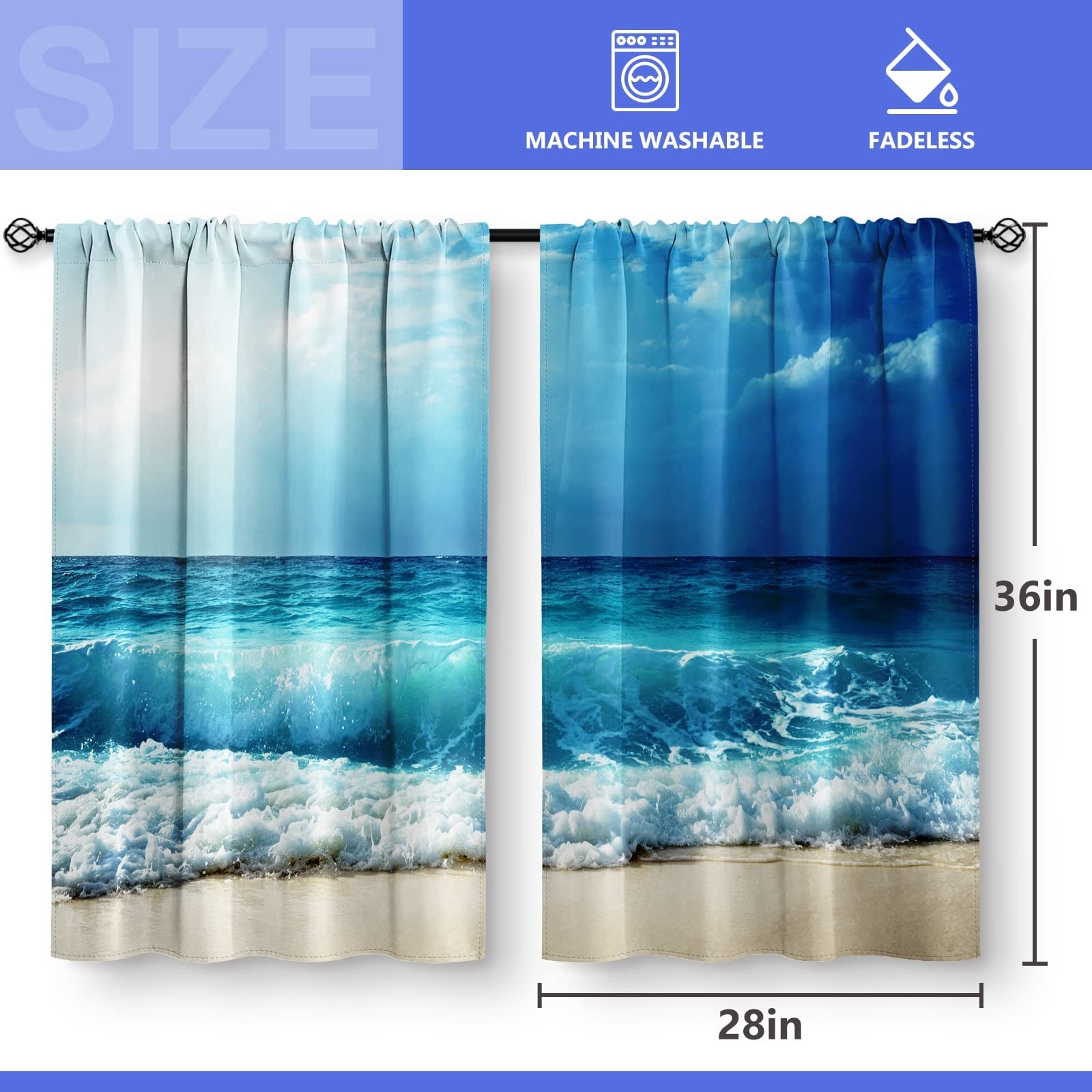 Seascape Beach Kitchen Curtains – Blue Waves Cafe Tier Drapes 36″ 2 Panels Set