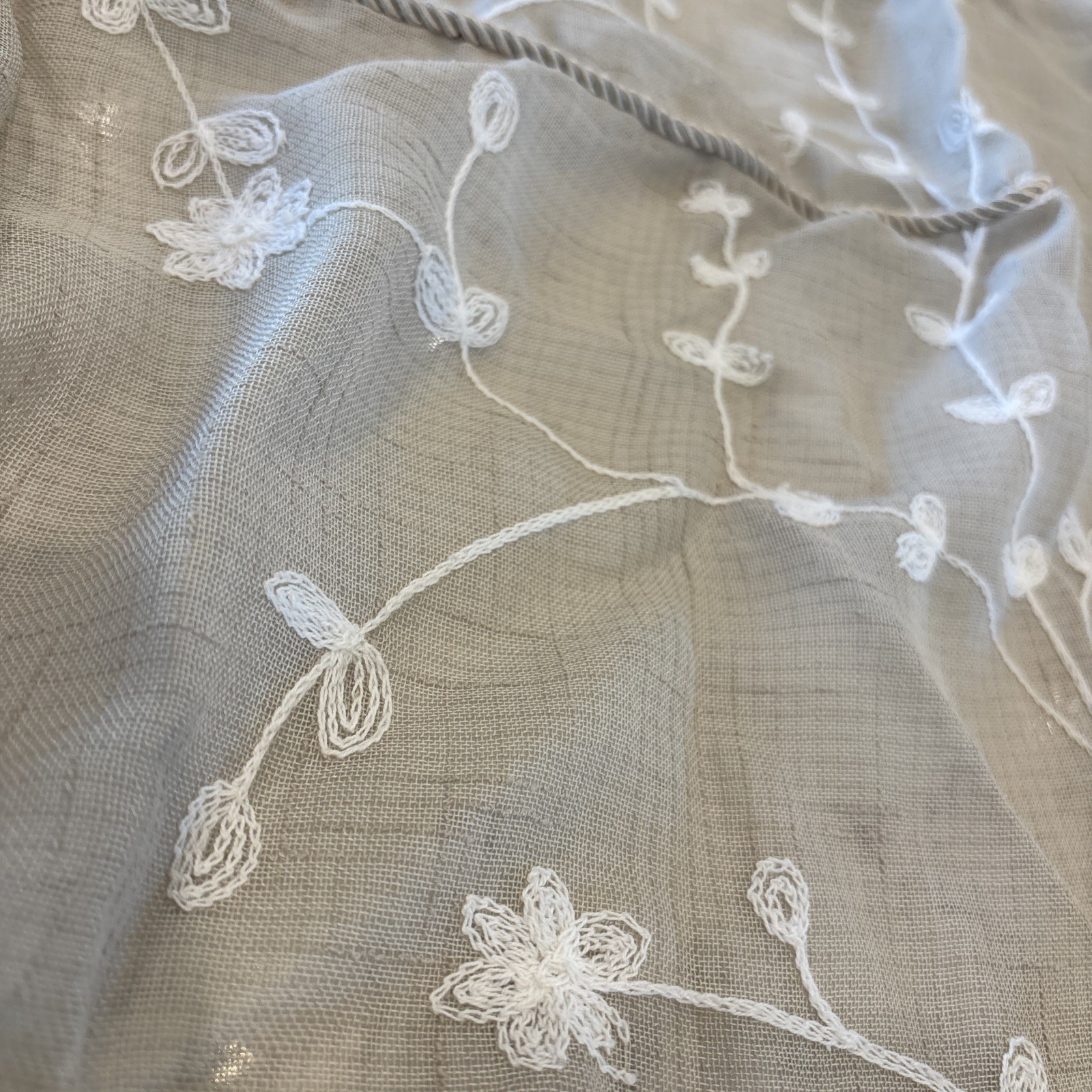 Curtain Panels (2) Sheer Beige White Embroidered Balloon Style 39×63 Boho Girly