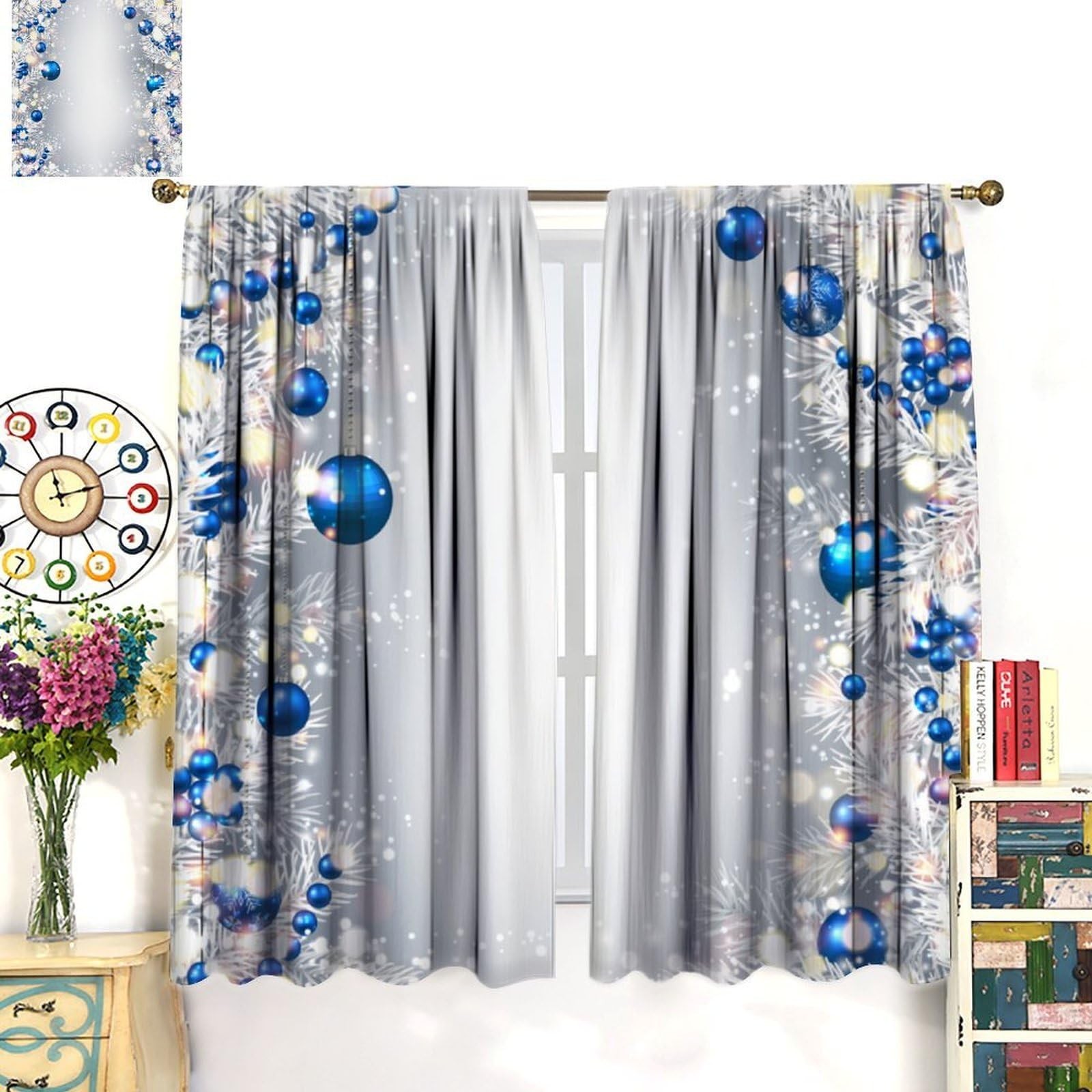 Blue Christmas Ball Curtains, Happy New Year Silver Fir Branches Winter Xmas …