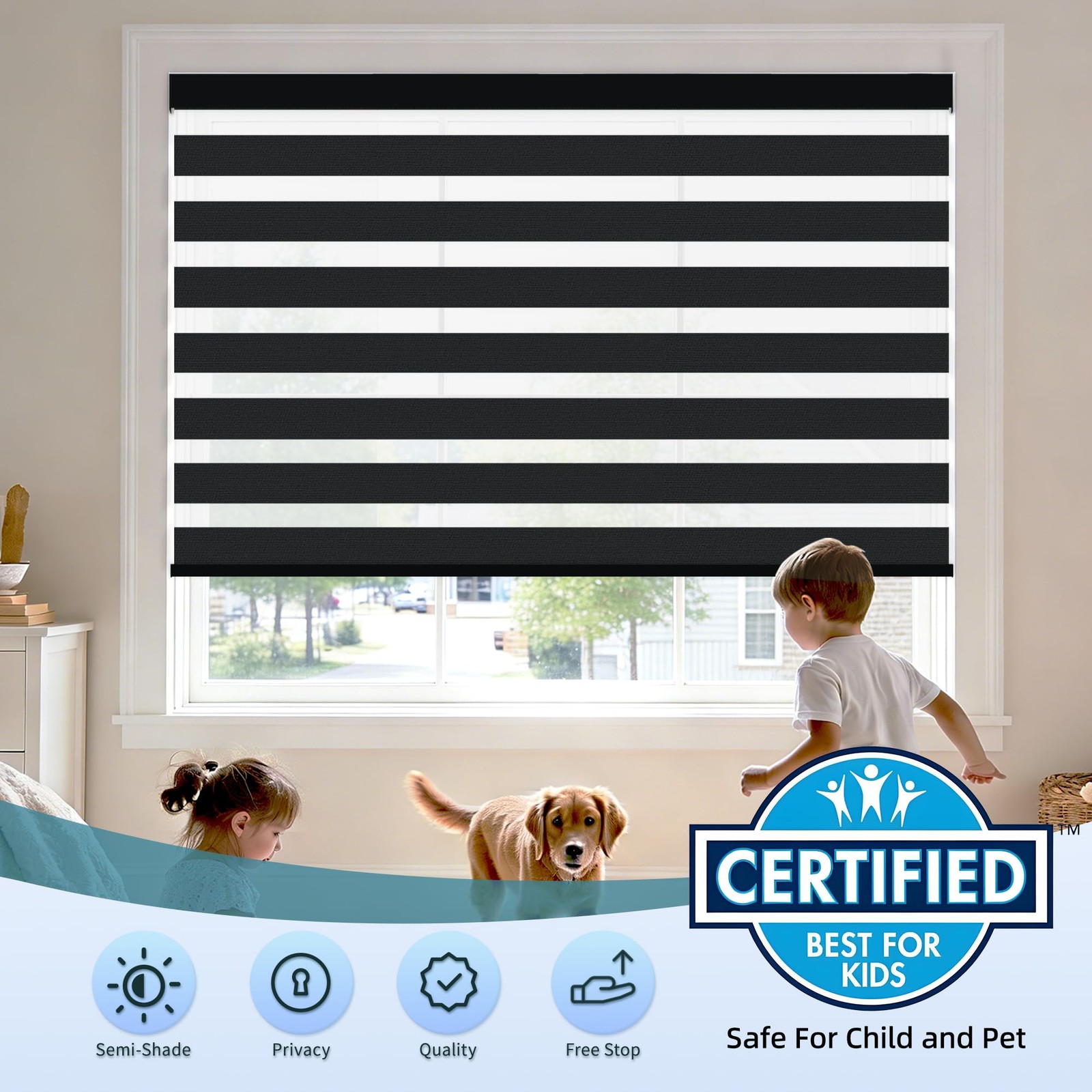 Cordless Zebra Blinds for Windows (40″ W X 72″ H, Black) -Stop Zebra Roller S…