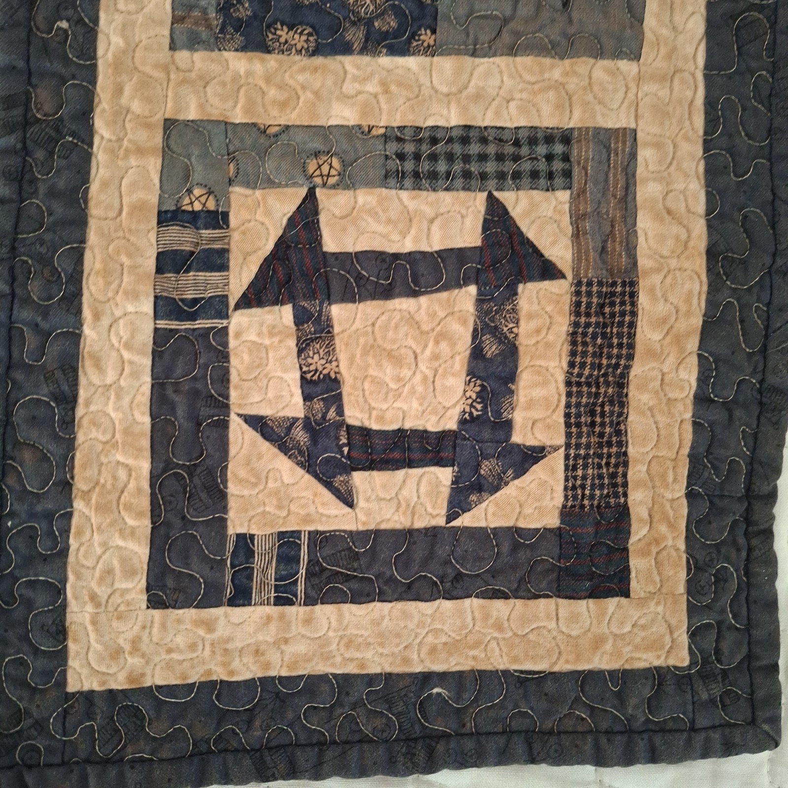 Handmade Quilted wall hanging Table Runner cottagecore navy Tan 19×8″ Patchwork