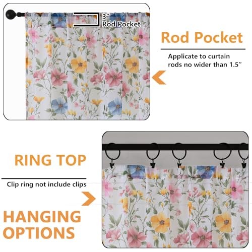 Floral Sheer Valances for Windows – Pink 42″W x 14″L (Pack of 2) Multi Color