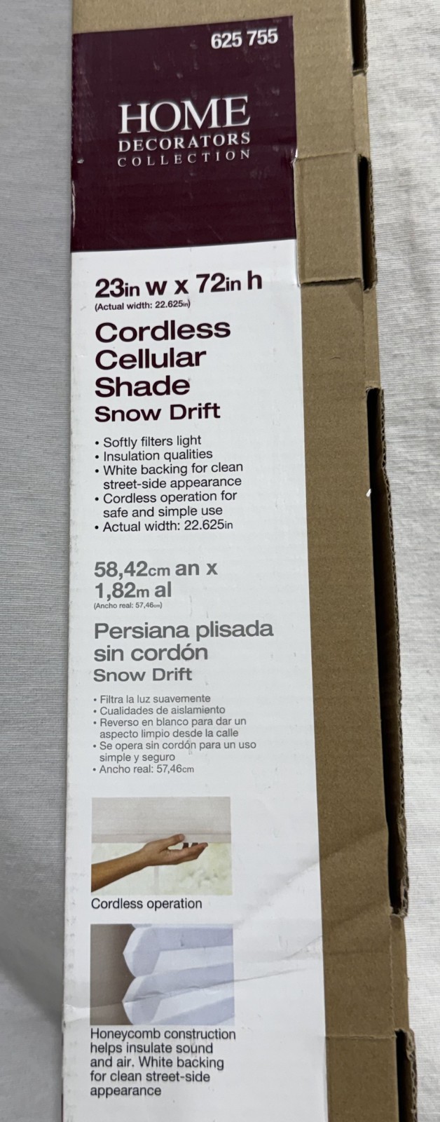HDC Cordless Light Filtering Cellular 23″ W x 72″ L Shade in Snow Drift, NEW