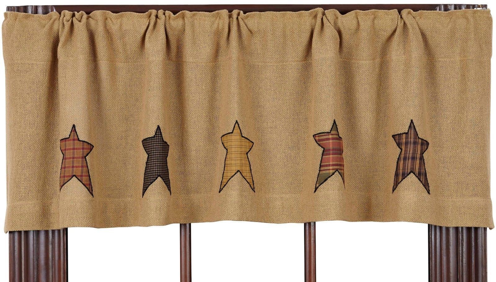 Rustic Burlap Window Valance Country Plaid Star Patches 60″ Wide Stratton