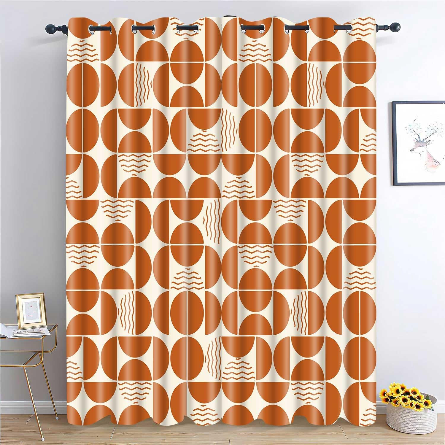 Retro Orange Patterned Curtains 2 Panels, Modern Boho Circle Mid Century Blackou