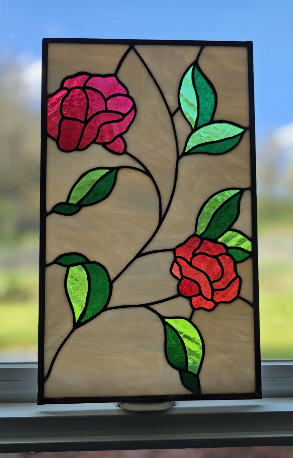 Stained Glass Red Rose Suncatcher Window Art Decor 17.5×10.5″ Vintage