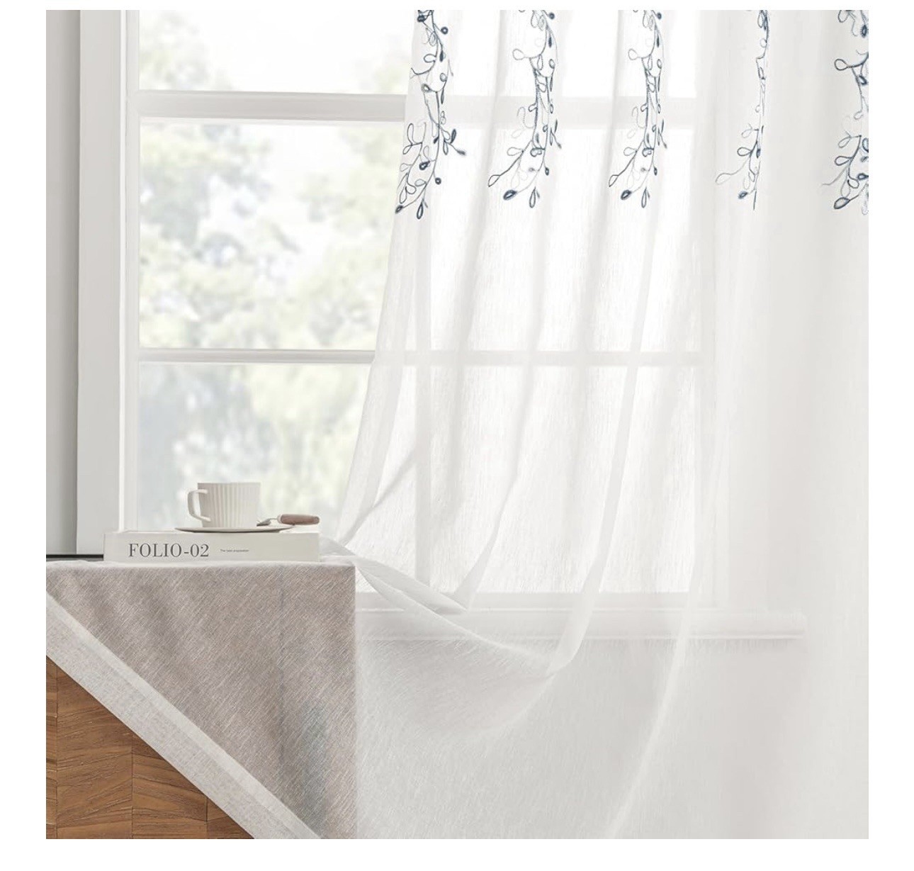 Sheer Curtains Embroidered Floral Vine, 52″W x 96″L (Pack of 2) Blue