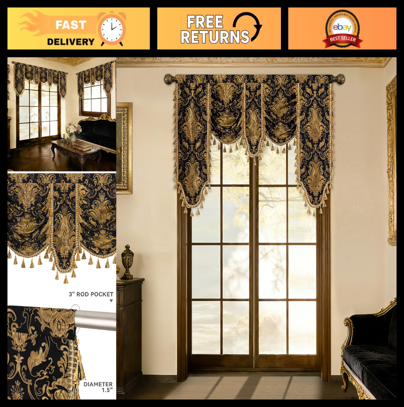 Luxury Damask Waterfall Valance Curtains, Black Gold, 59″ Wide, Elegant Home Dec