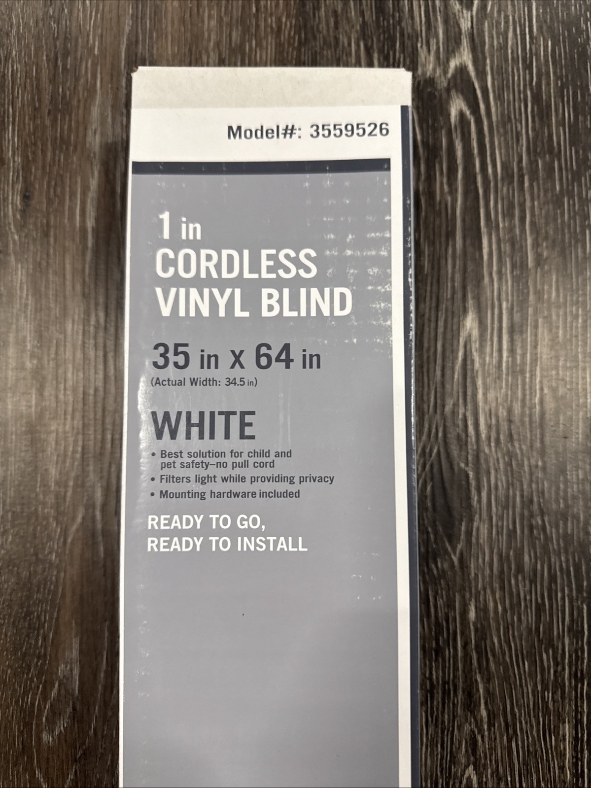 White Cordless Light Filtering 1 in. Vinyl Mini Blind – 35″W x 64″L – New