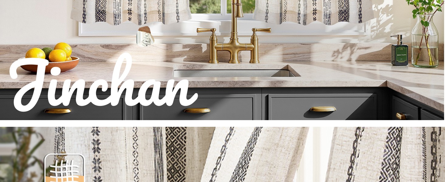 Boho Kitchen Curtains 36 Inch Linen Tier Curtains with Geometric Pattern
