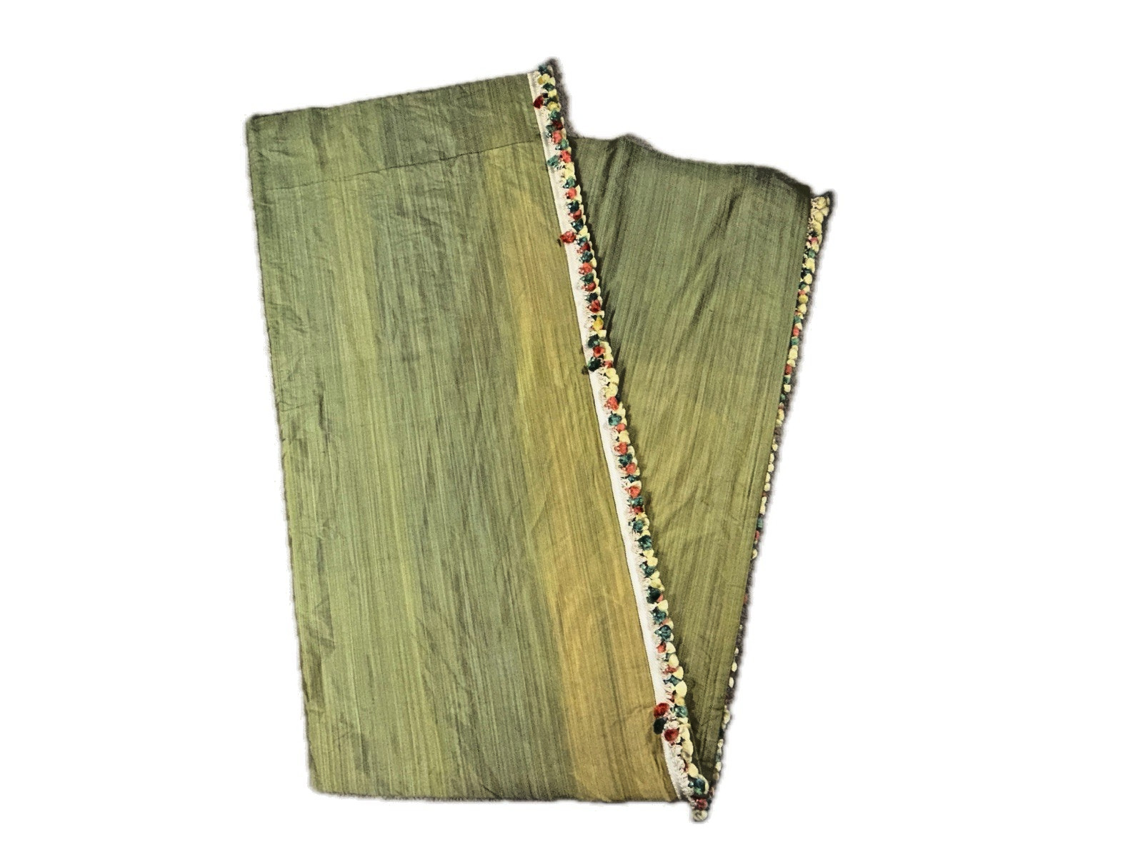 Single Stunning Silk Curtain Panel Green Double Lined 106 Long Poms Border Trim