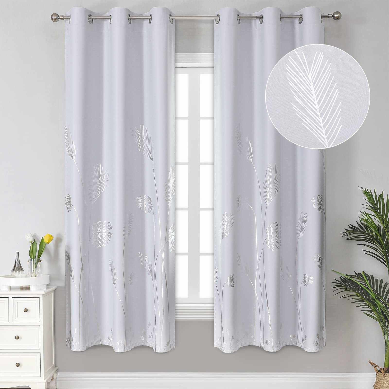 Estelar Textiler Room Darkening Curtains Greyish White 72″ L Silver Palm Print