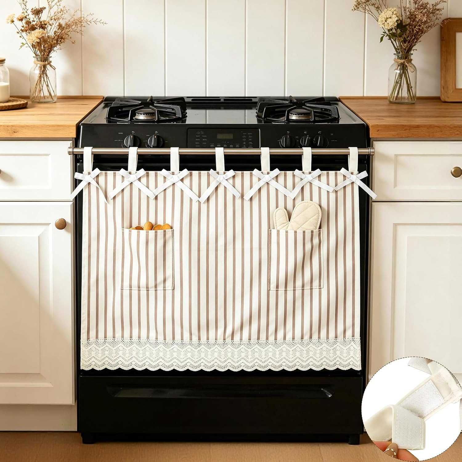 Oven Curtain Skirt – Hook and Loop Straps Stove Curtain with Pockets Stripe Oven