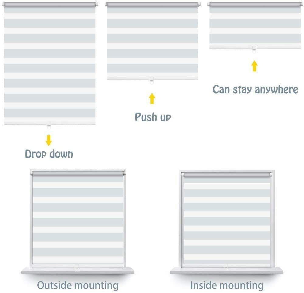 Free-Stop Cordless Zebra Roller Blinds Horizontal Window Shade Dual Layer Sheer