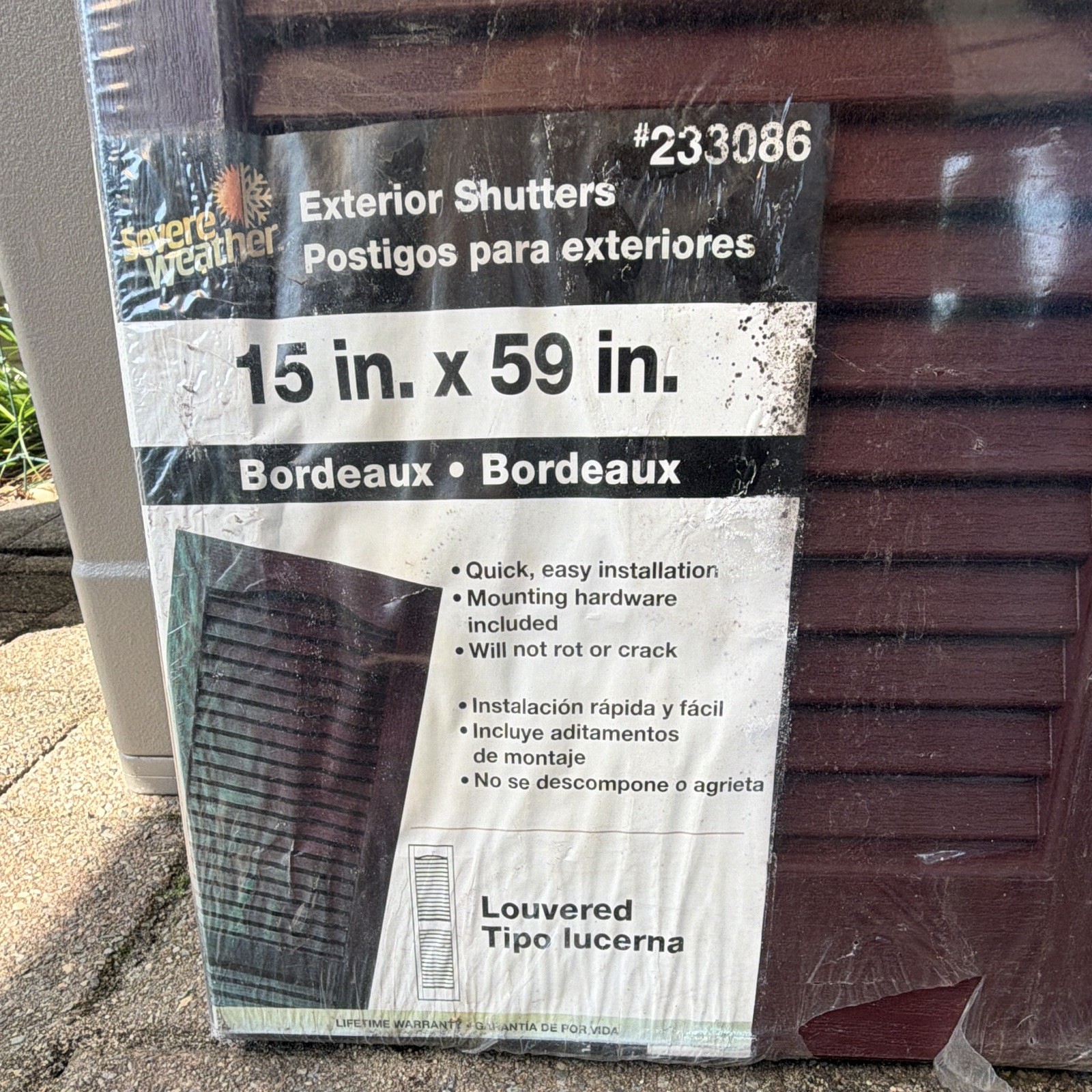 Severe Weather Louvered Vinyl Shutter Bordeaux 15×59 Hidden Tilt Rod 233086