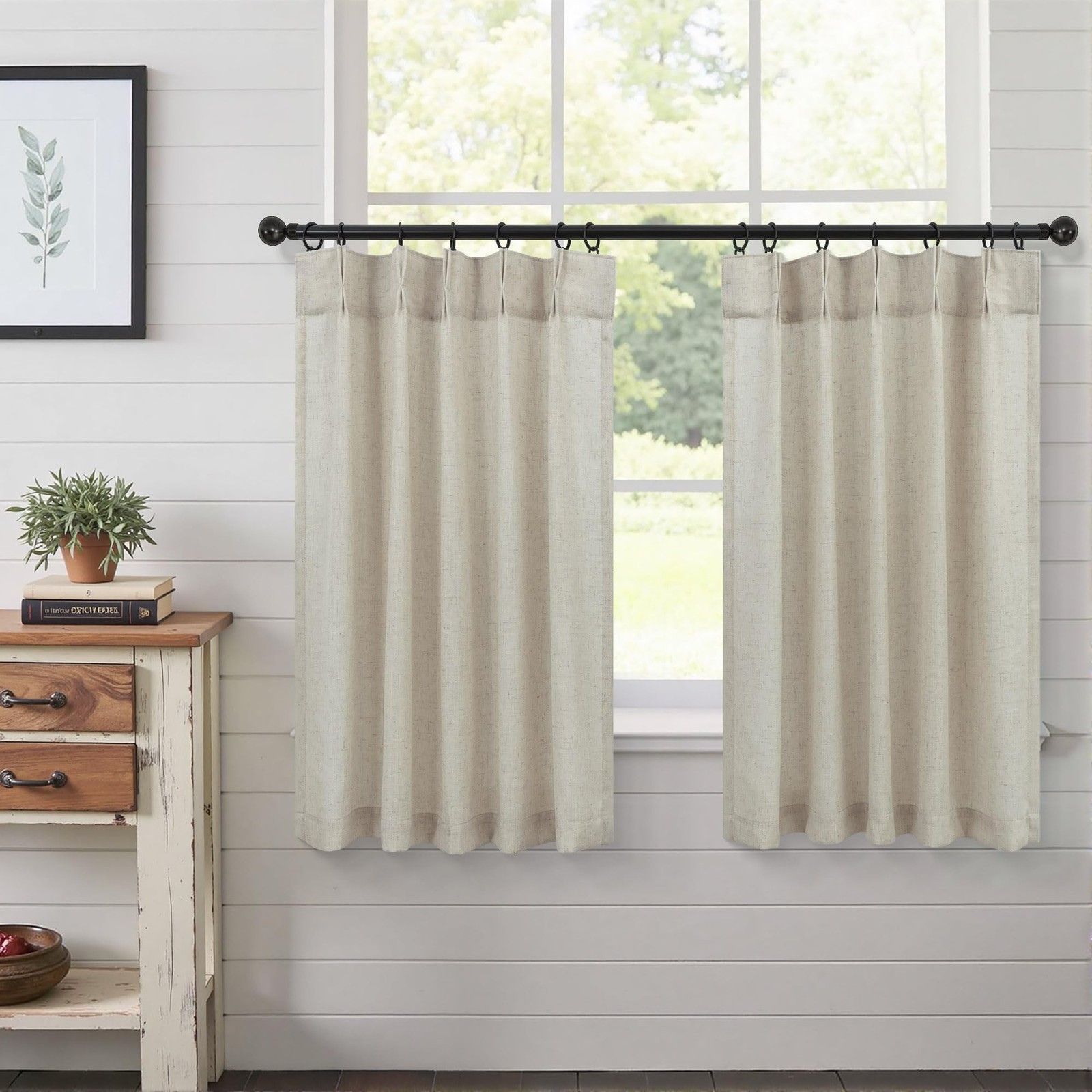 Pinch Pleat Beige Kitchen Short Curtains 24 Inch Length 2 Panels Back Tab Lin…