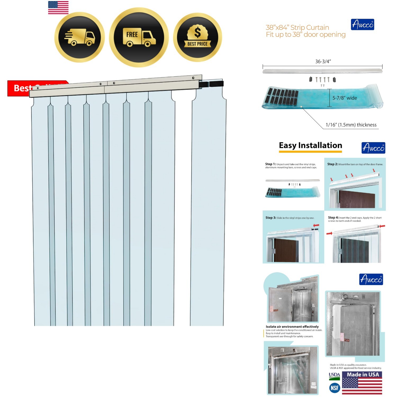 38″ x 84″ Vinyl Strip Climate Control Curtain Kit, Slide-in Strips Perfect fo…