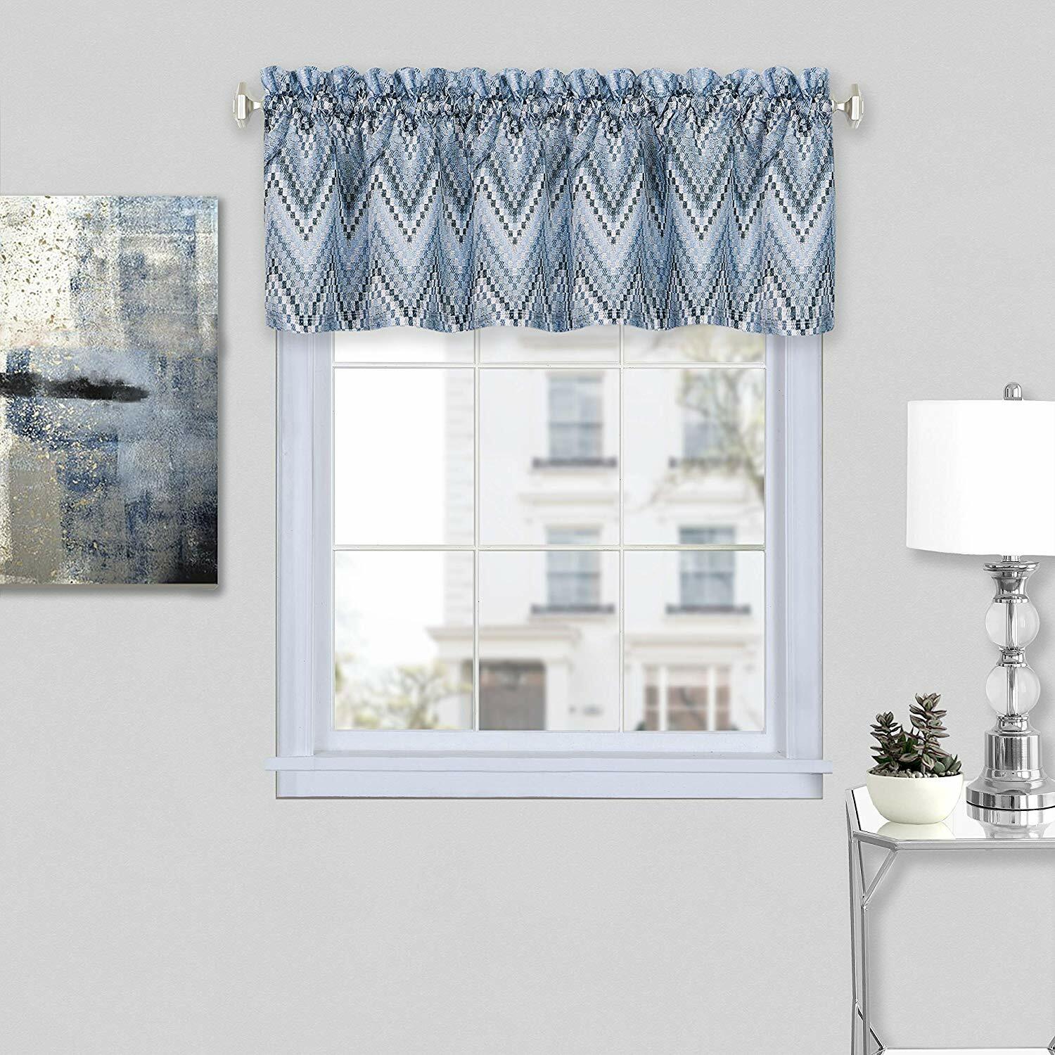 3-Piece Geometric Window Kitchen Curtain Set Tier Panel & Valance, Ice Blue