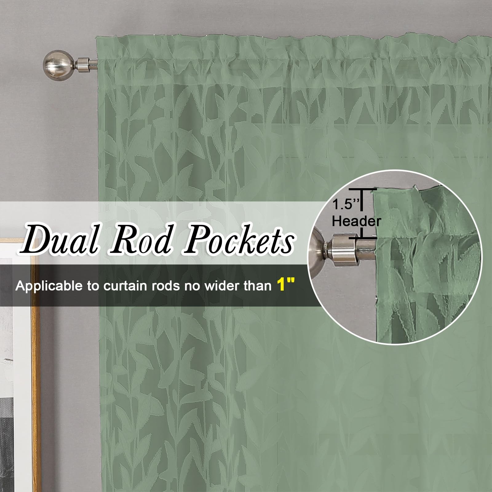 Leia 14 Inch Sage Valance for Window Green Sheer Curtains 2 PCS, Jacquard Tex…