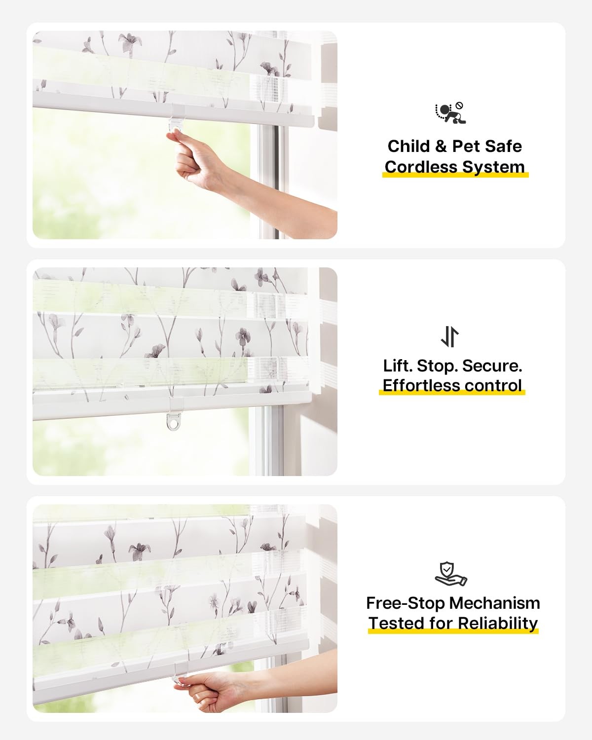 Cordless Zebra Blinds for Windows, Grey Bloom, 47″ W x 72″ H