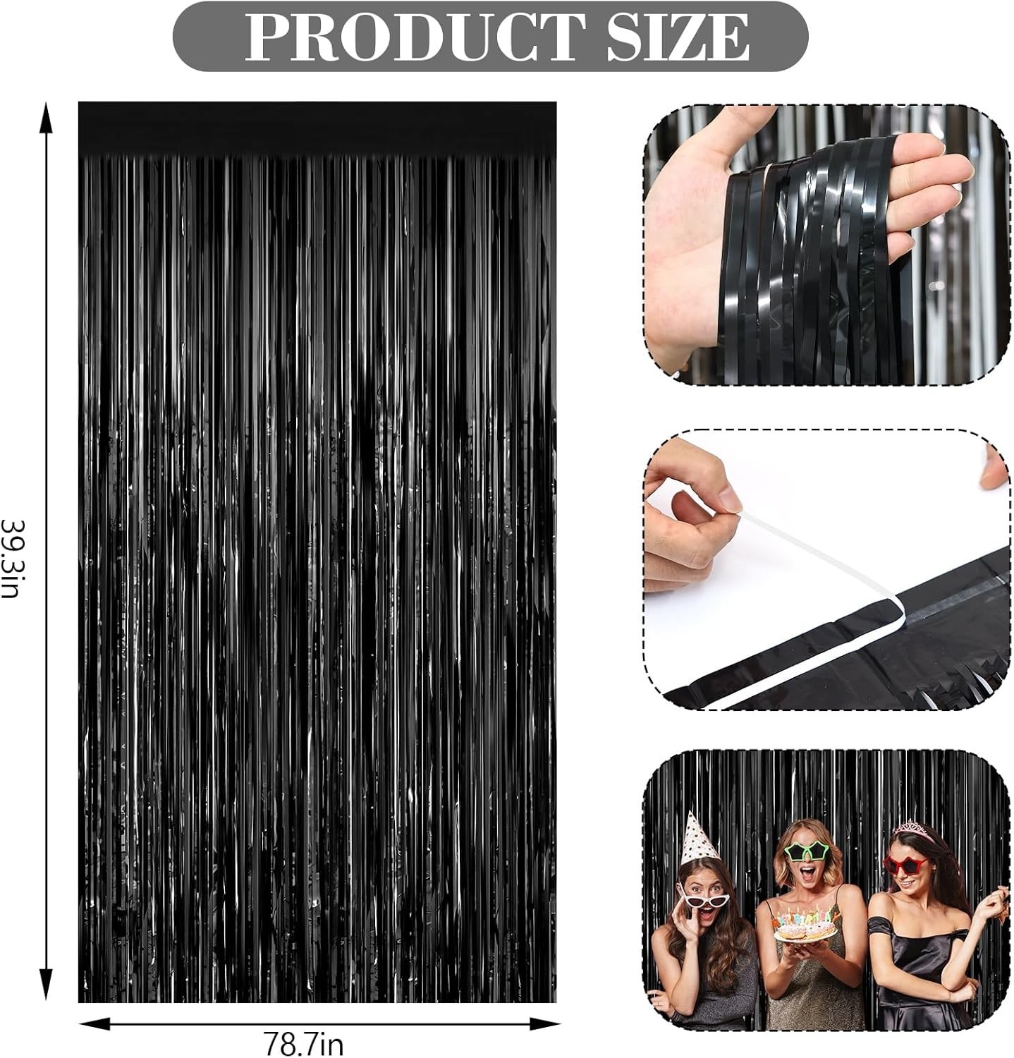 2 Pack Black Foil Fringe Curtains, 3.3ft x 6.6ft Streamer Foil Curtain, Tinse…