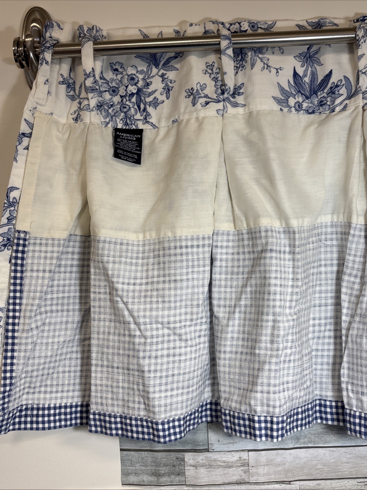 American Living Valance Blue & White Plaid FLORAL w/Button Detail 48”x 18” (#2)