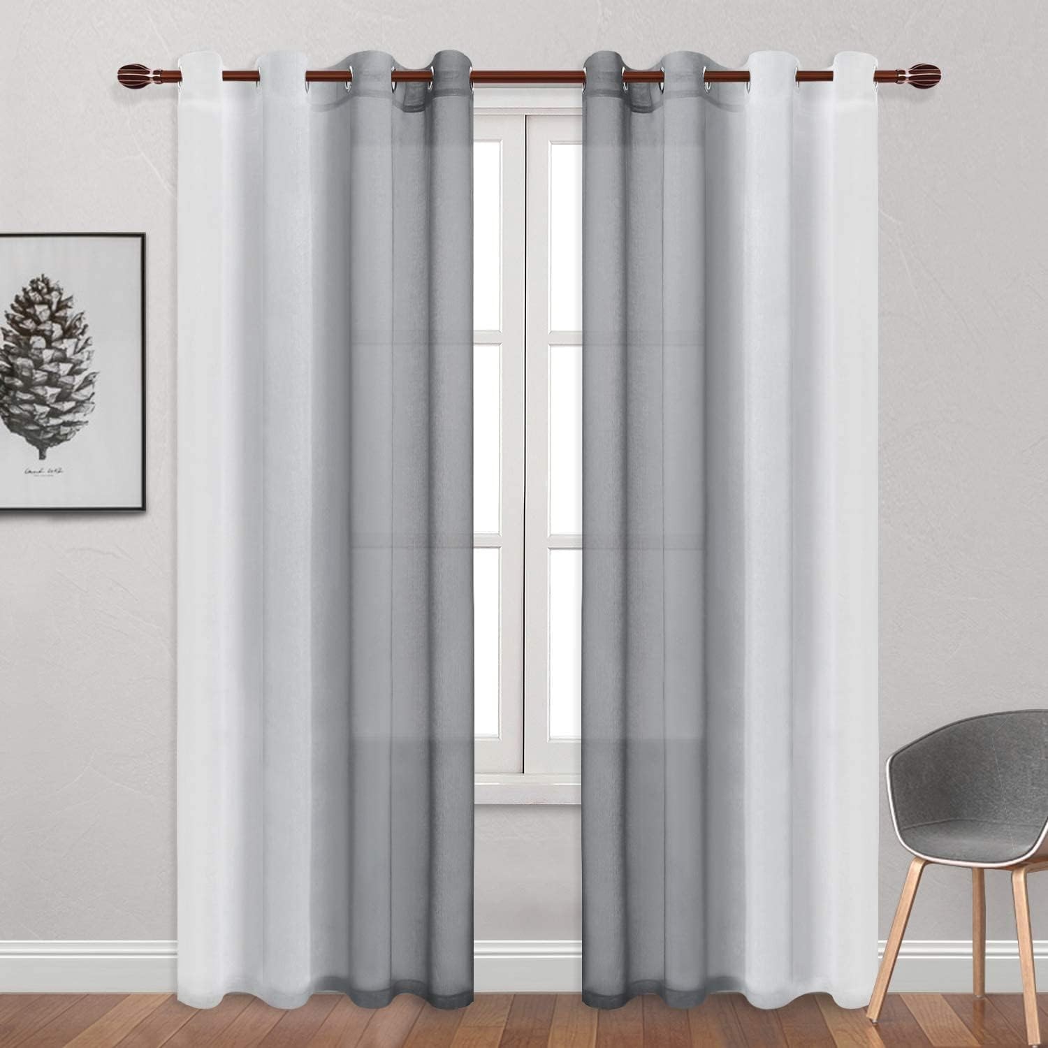 Grey Faux Linen Ombre Sheer Curtains – Semi Voile Gradient Grommet Top Curtains