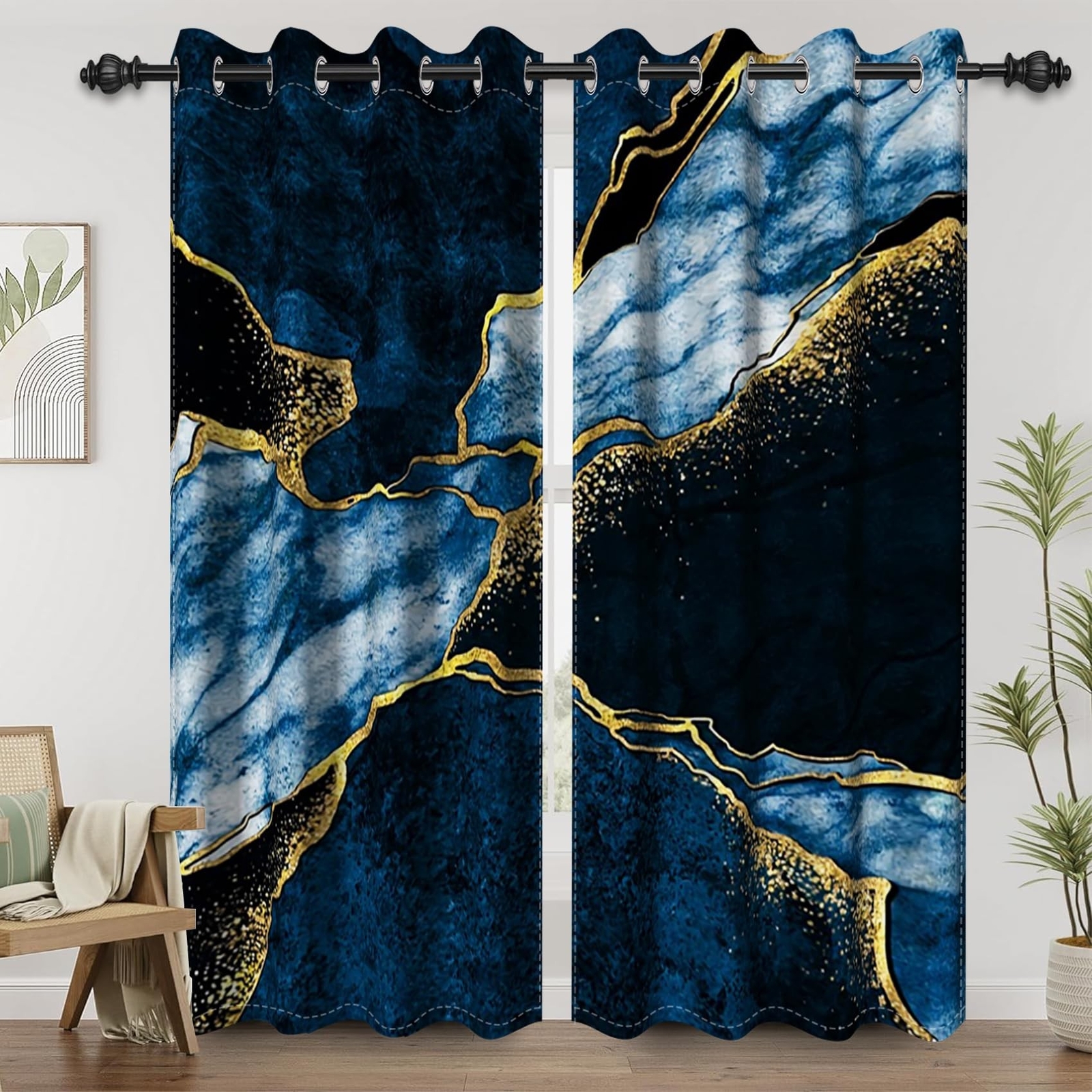 Renaiss Blue Gold Marble Blackout Curtains for Bedroom Abstract Fluid Striped…