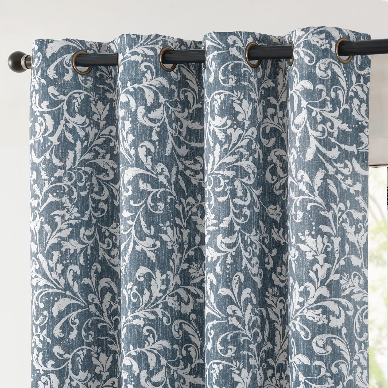 Blue Floral Blackout Curtains 84″ – Vintage Art Deco Thermal Drapes, 2 Panels