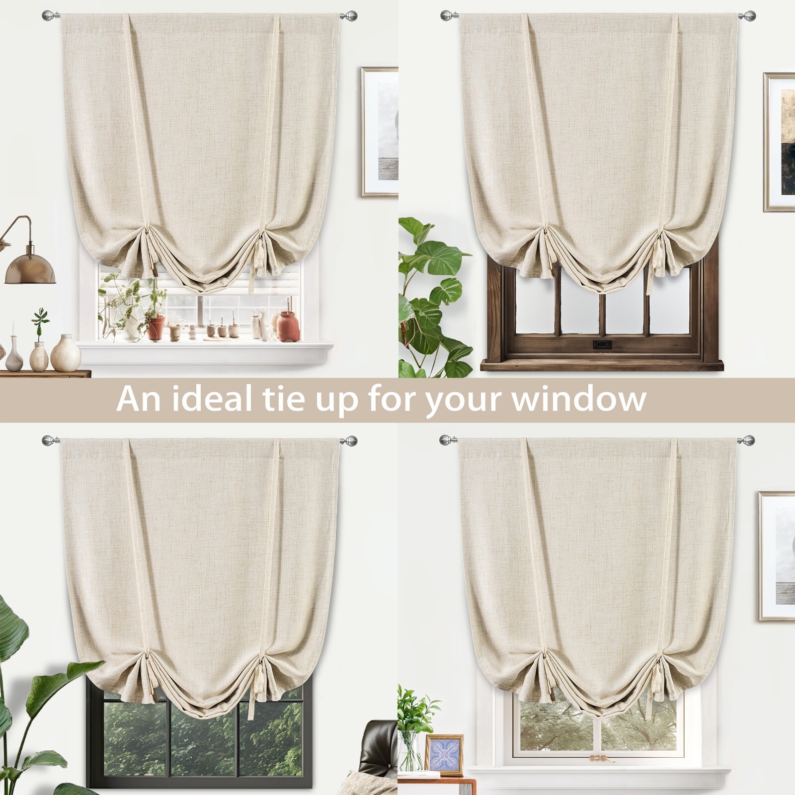 Linen Beige Tie Up Window Curtain Shade Drape Rod Pocket for Kitchen Living Room