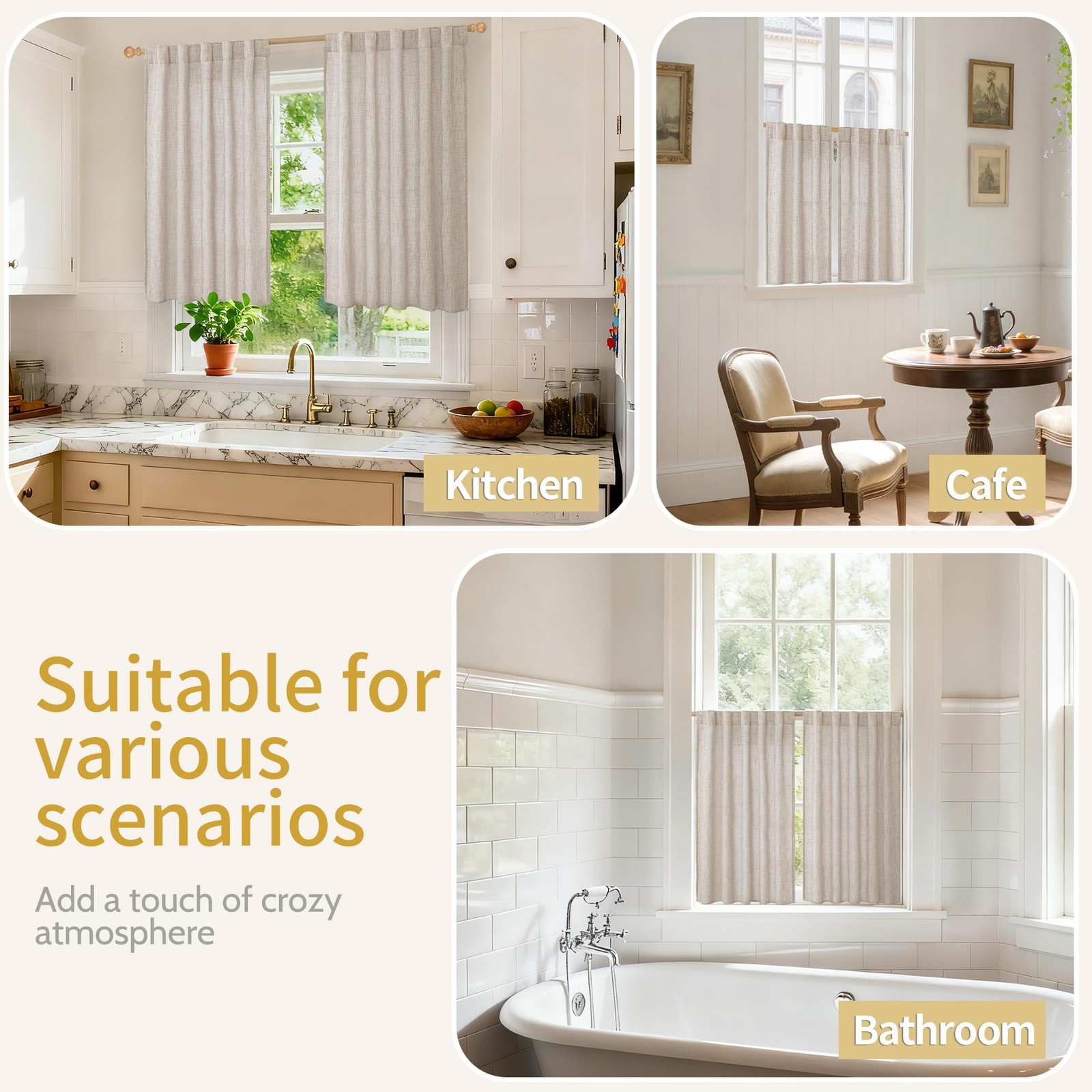 40 Inch Length Linen Curtains for Kitchen Cafe 42″W x 40″L (Pack of 2) Natura