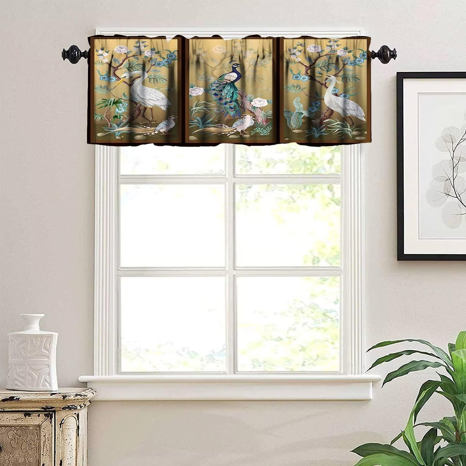 Peacock Peony Crane Window Valance,Vintage Asian Chinese Style Japanese Window V